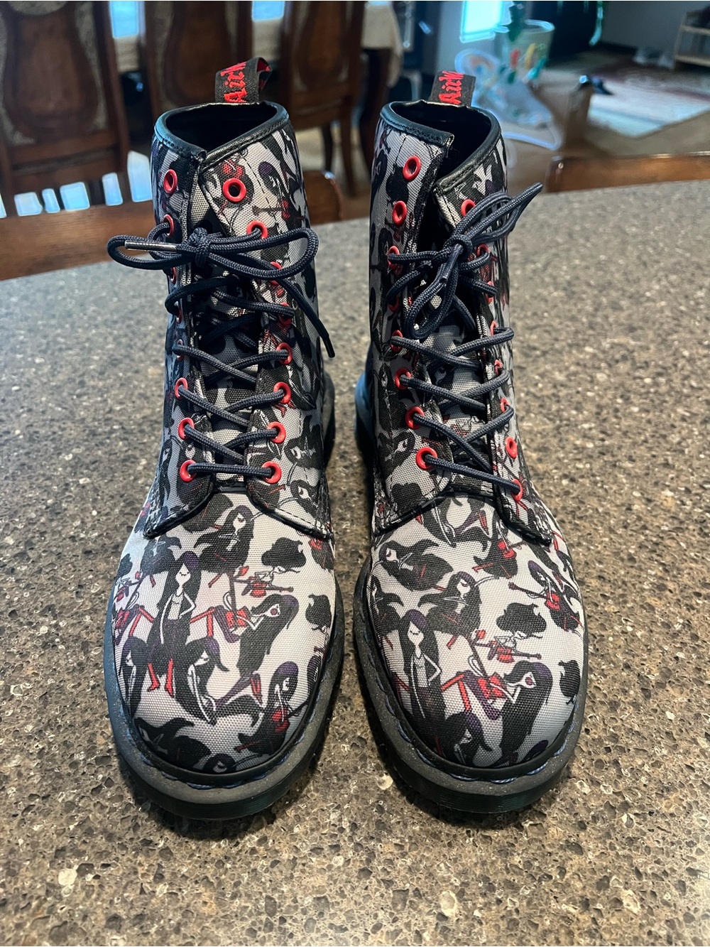Dr. Martens Black, Gray & Red Graphic Combat Boots